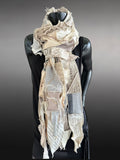 Couture upcycled fabric long scarf, Shreds series bohemian style, upcycled indie clothing, blue jean cream scarf, wrap shawl