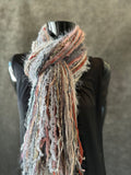 Unique handmade Boho style fringe scarf in pink peach gray, funky scarf