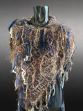 Poncho in blue brown, Boho hippie fringed Knit handmade Poncho, shoulder wrap