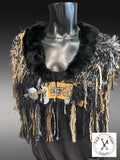 Hand knit avant garde shoulder wrap with clasp and fur collar, cosplay fashion