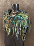 Poncholette in blue green, Boho hippie fringed shoulder wrap