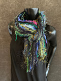 Handmade art yarn fringe scarf with art yarns , Fringie scarf in blue green purple, women gift, boho accessory, vibrant color scarf