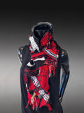 Boho couture fabric scarf, free form scarf, avant garde black red scarf