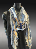 Boho blue jean Scarf, Artisan fiber fringe scarf, tribal scarves, deconstructed fashion