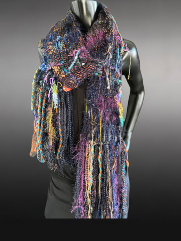 Hand knit Boho knit fringed scarf in jewel tones