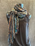 Boho style Scarf, black teal brown luxury art yarn Scarf, scrappy street style scarf