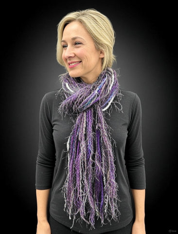 Unique handmade Boho style fringe scarf in Purple blue gray, funky scarf