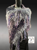 Boho Fringe Fiber Art Poncho – Handcrafted Textural Wrap in Purple Taupe, OOAK Wearable Art shawl