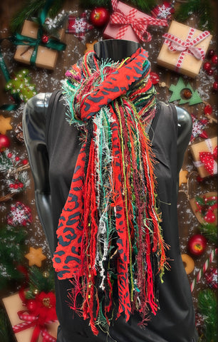 Christmas Scarf, Naughty List Fringie, Christmas color artistic funky scarf for Christmas