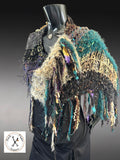 Boho artistic handmade poncho with fringe in teal green yellow shades, statement fashion shawl