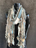 Lightweight Boho art Scarf, Shreds refashion scarf, nature inspired fashion, olive sage cream