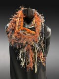 Boho style long scarf in black rust neutrals, biker scarf, cowgirl fashion indie accessories
