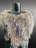 Knit Fur Taupe poncholette, Fringed shoulder wrap with faux fur, luxury fur knit capulet,