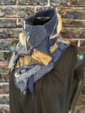 Upcycled couture neck cowl scarf in navy olive jean, boho eco-friendly scarves