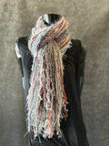 Unique handmade Boho style fringe scarf in pink peach gray, funky scarf