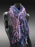 Handmade Boho Fringe Scarf, Blue, Purple & Textured Art Yarn Statement Accessory, avant garde style