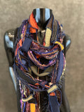 Lightweight navy rust purple fabric plus art yarn Scarf, Shreds Fringie yarn scarf, funky eco-friendly clothing