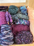 Knitting art yarn bundle, 1.5 lbs, luxury yarn stash box, weaving yarns, bulk purple blue yarn gift box
