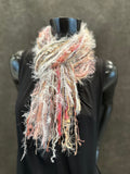 Boho Art yarn fringie scarf in peach pink creams. Bohemian fashion