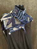 Upcycled couture neck cowl scarf in jean blues, navy, gray, boho hippie scarf