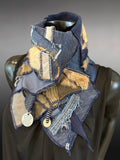 Upcycled couture neck cowl scarf in navy olive jean, boho eco-friendly scarves