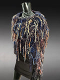 Poncho in blue brown rust, Boho hippie fringed Knit handmade Poncho, shoulder wrap