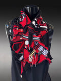 Boho couture fabric scarf, free form scarf, avant garde black red scarf