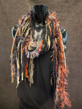 Boho style long scarf in black rust neutrals, biker scarf, cowgirl fashion indie accessories