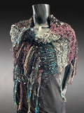 Boho artistic handmade poncho with fringe in teal green shades, statement fashion shawl