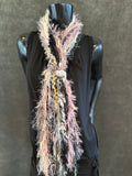 Boho Art yarn fringie scarf in gray pink whites. Bohemian fashion