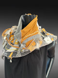 Avant Garde neck cowl scarf in mustard yellow and gray, couture boho chic scarf, upcycled fabric cowls