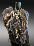 Eclectic knit fringed Boho Cowl in blue brown shades. Artistic huntress neck cowl