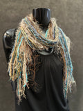Boho chic Scarf, aqua blue beige cream luxury art yarn Scarf, scrappy art scarf