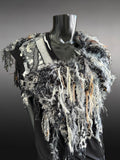 Knit Black White poncholette with fringe and animal prints, couture fashion