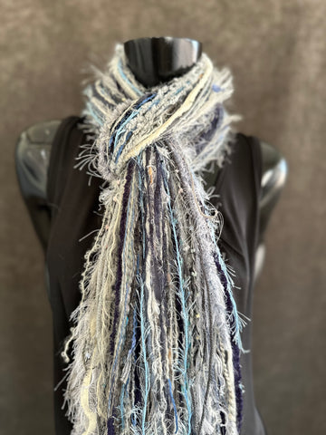 Eclectic Fringie scarf, navy blues and white plus grays in a boho fiber scarf, funky scarves