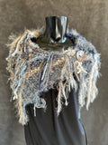 Hand knit Eclectic Boho Cowl, Jean blue gray fringed women shoulder wrap