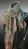 Lightweight knit beige teal blue scarf, bohemian jewel tone Diamond-shape Scarf, ribbon knit scarf