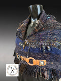 Saori style woven poncho with snaps, earth tone bohemian shawl