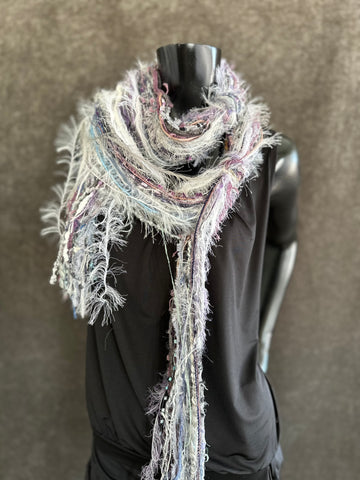 Eclectic Fringie scarf, lavendar blues and white grays in a boho fiber scarf, funky scarves