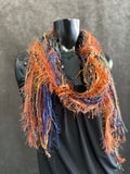 Handmade Mardi Gras color fringe scarf with art yarns, Boho fringe scarf