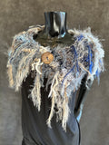 Hand knit Eclectic Boho Cowl, Jean blue gray fringed women shoulder wrap