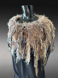 Boho chic Fur Taupe poncholette, Fringed shoulder wrap with faux fur, luxury fur knit capulet,