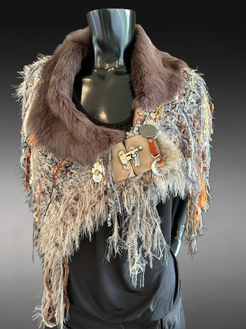Luxury fur poncholette with clasp, couture avant garde fashion, game of thrones collar