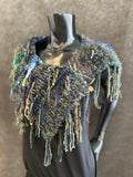 Knit blue green merino Cowl with fringe and buttons, boho style clothing