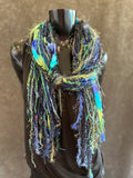 Handmade art yarn fringe scarf with art yarns , Fringie scarf in blue green purple, women gift, boho accessory, vibrant color scarf