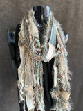 Lightweight Boho art Scarf, Shreds refashion scarf, nature inspired fashion, olive sage cream