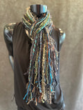 Boho style Scarf, black teal brown luxury art yarn Scarf, scrappy street style scarf