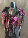 Knit bohemian fantasy black fuscia cowl with clasp closure, Viking style