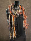 Boho style long scarf in black rust neutrals, biker scarf, cowgirl fashion indie accessories