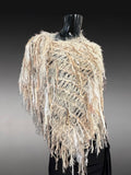 Boho knit poncho in ivory beige, fringed shawl in winter white, Tribal Wrap